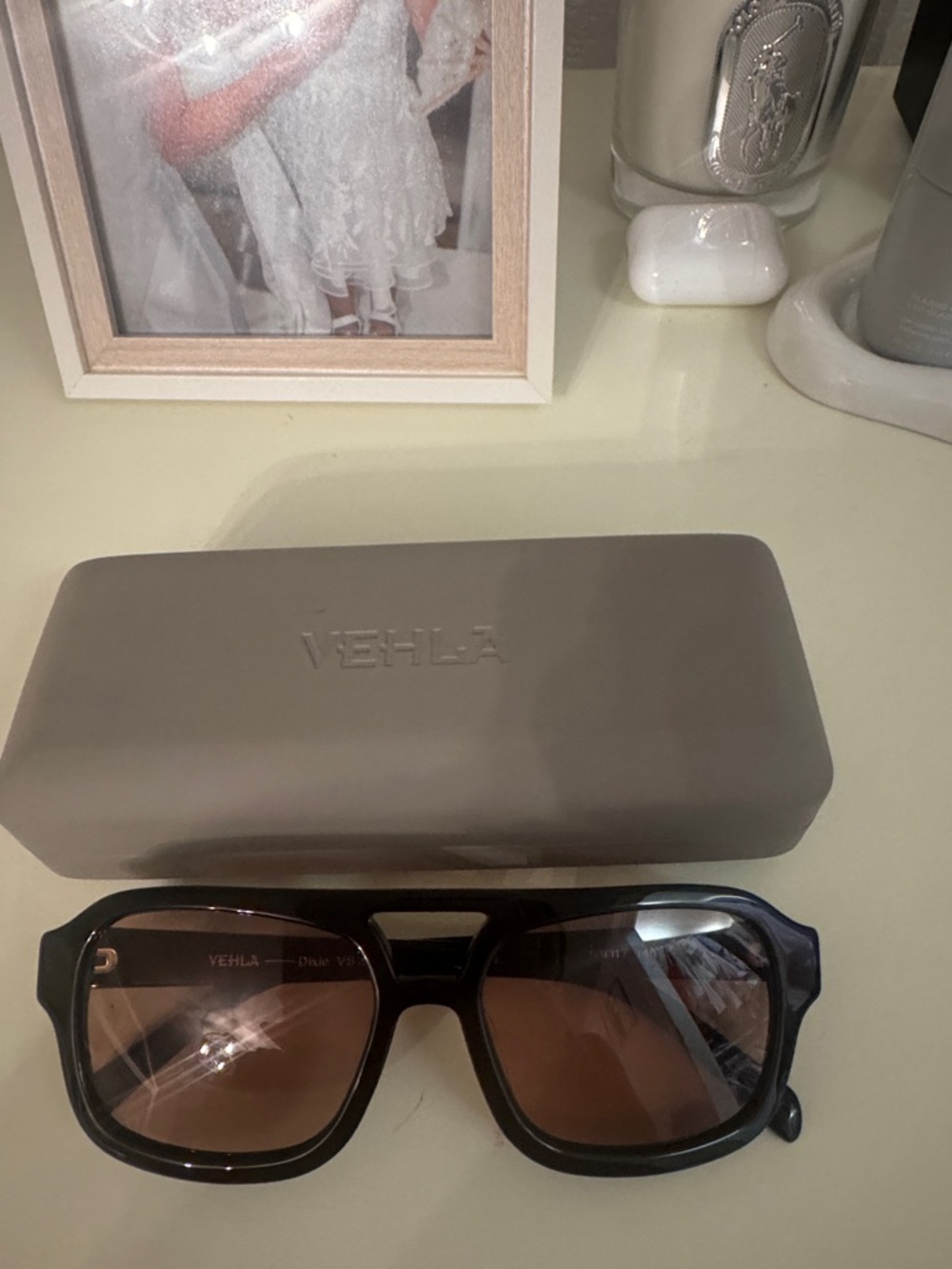VEHLA Black Frame Sunglasses with Brown Lenses and Case